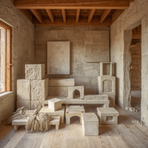 Hempcrete products and building materials, showing blocks, bricks, panels and construction elements made from sustainable hemp and lime mixture