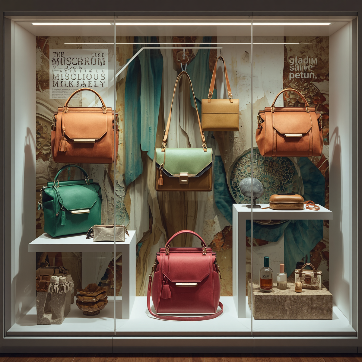 Mushroom leather products made from mycelium, showing bags, wallets, accessories and fashion items crafted from sustainable vegan leather alternative (3)