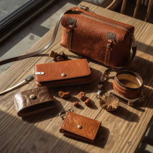 Mushroom leather products made from mycelium, showing bags, wallets, accessories and fashion items crafted from sustainable vegan leather alternative