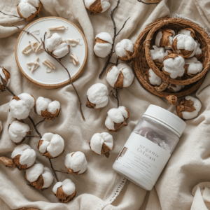 Organic cotton and cotton products, natural cotton bolls on plants, cotton fabric, cotton clothing items, eco-friendly cotton products, soft natural fibers, sustainable textile materials (2)