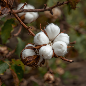 Organic cotton and cotton products, natural cotton bolls on plants, cotton fabric, cotton clothing items, eco-friendly cotton products, soft natural fibers, sustainable textile materials