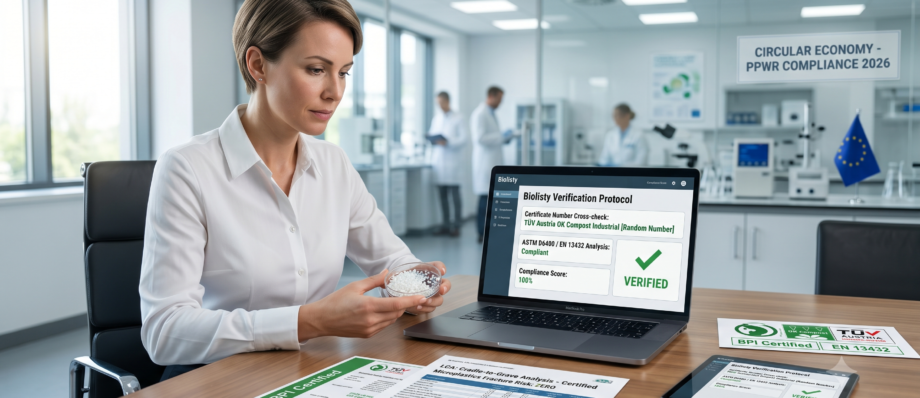 A transparent PHA bioplastic container on green moss next to a digital tablet displaying 2026 EU PPWR compliance and zero microplastics data.