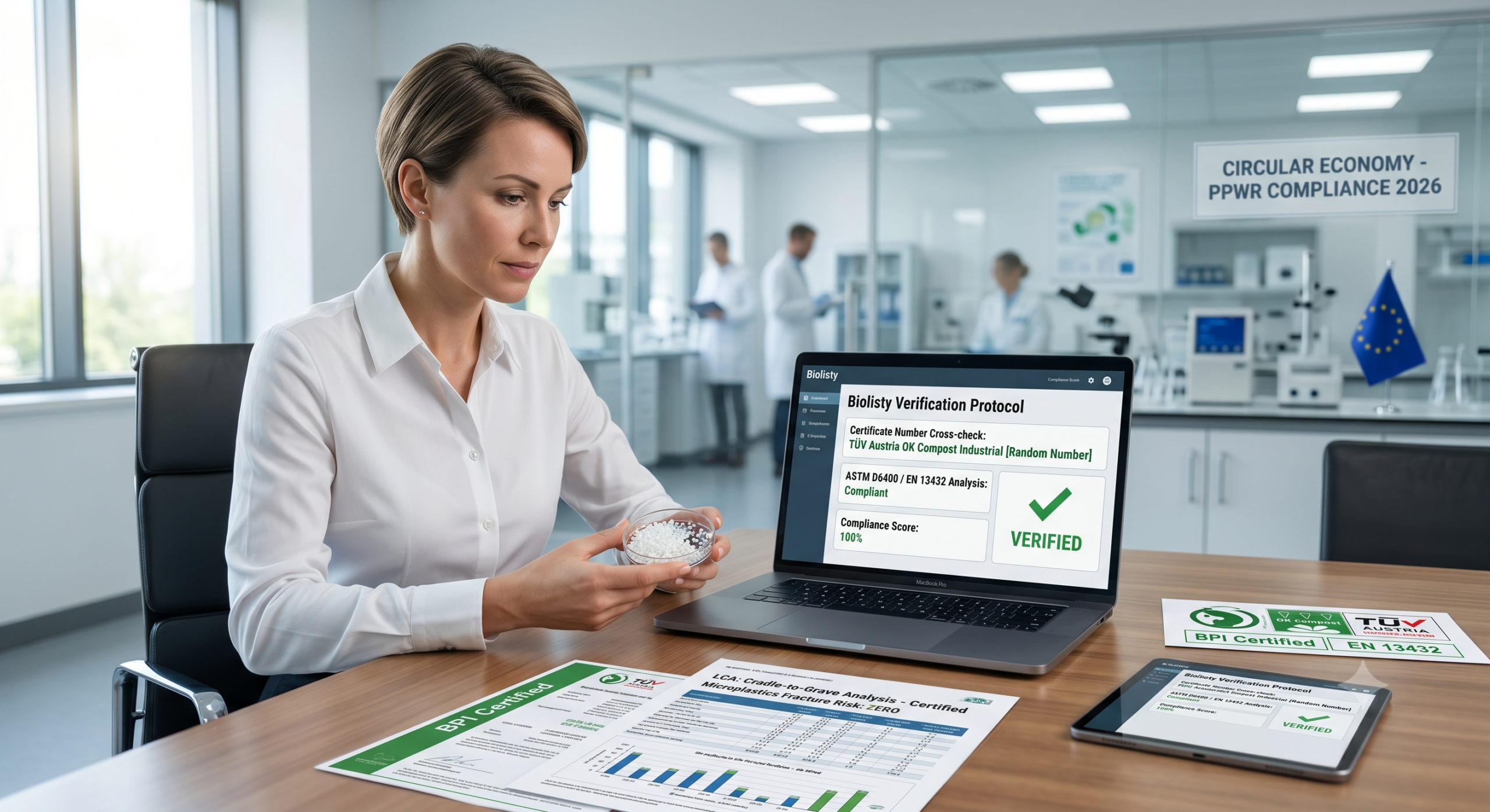 A transparent PHA bioplastic container on green moss next to a digital tablet displaying 2026 EU PPWR compliance and zero microplastics data.