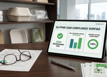 A tablet displaying "EU PPWR 2026 Compliance Verified" and "Zero Greenwashing Risk" next to sustainable PHA bioplastic samples and BPI/TÜV certification documents on a corporate desk.