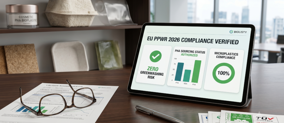 A tablet displaying "EU PPWR 2026 Compliance Verified" and "Zero Greenwashing Risk" next to sustainable PHA bioplastic samples and BPI/TÜV certification documents on a corporate desk.