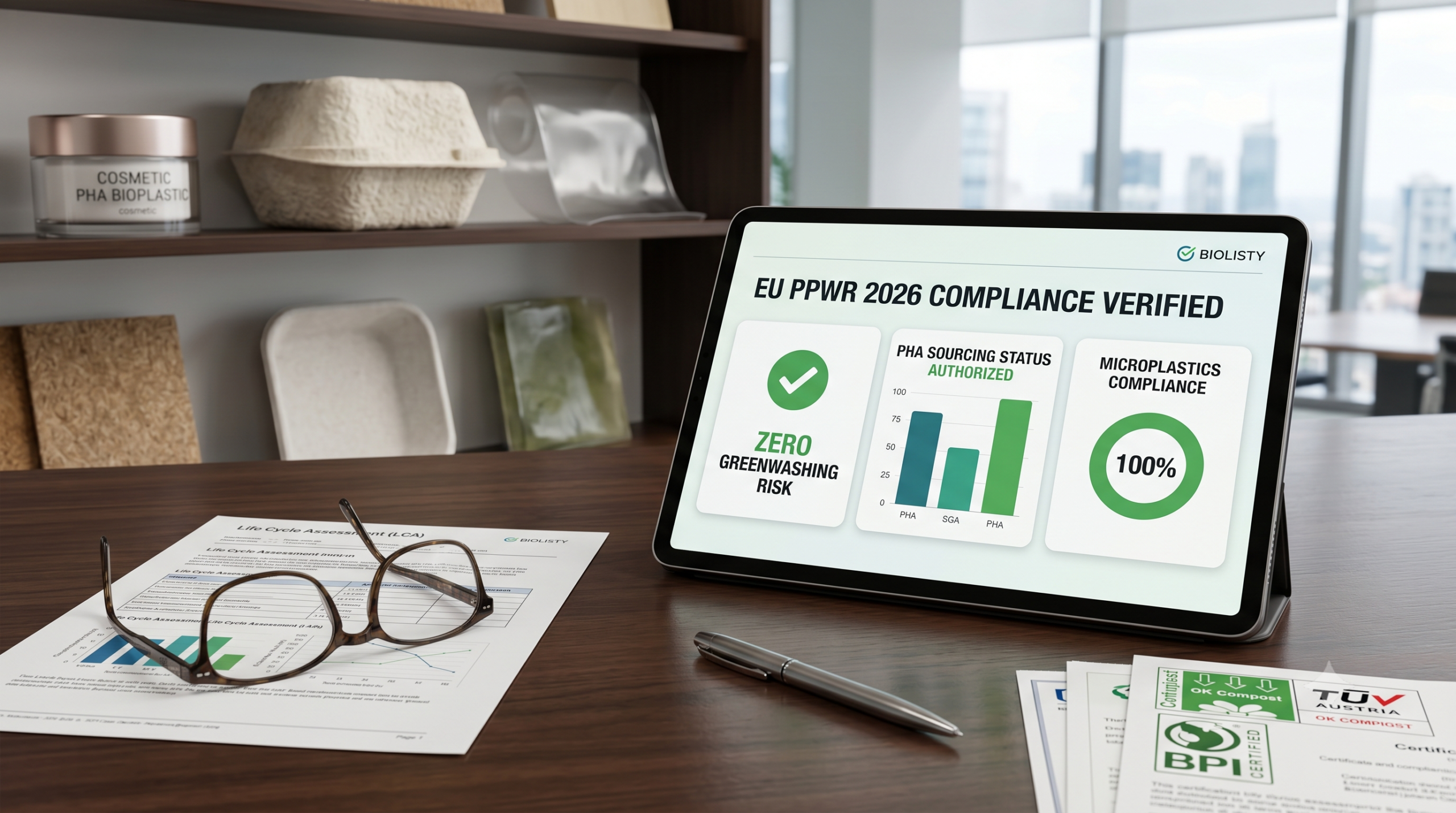 A tablet displaying "EU PPWR 2026 Compliance Verified" and "Zero Greenwashing Risk" next to sustainable PHA bioplastic samples and BPI/TÜV certification documents on a corporate desk.