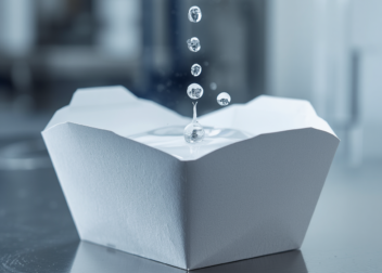 Water droplets resting on a PFAS-free, bio-coated paper takeout container in a laboratory setting, demonstrating high moisture barrier performance.