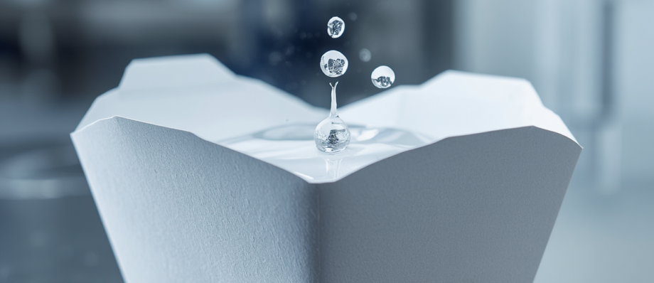 Water droplets resting on a PFAS-free, bio-coated paper takeout container in a laboratory setting, demonstrating high moisture barrier performance.