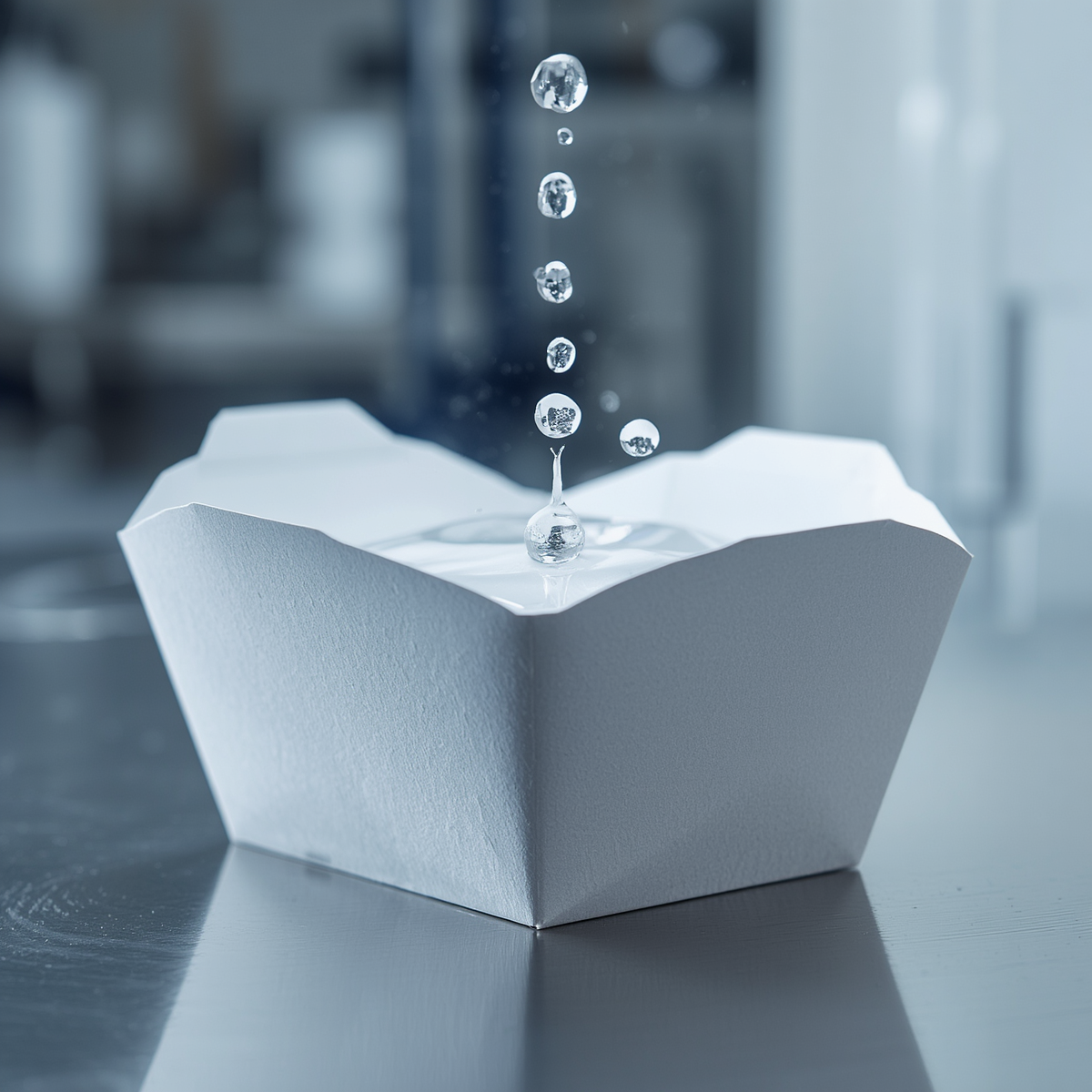 Water droplets resting on a PFAS-free, bio-coated paper takeout container in a laboratory setting, demonstrating high moisture barrier performance.