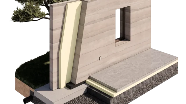 Load-bearing structural insulated rammed earth wall by SIREWALL, demonstrating geological stratification and high compressive strength.