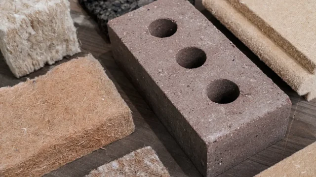 Exterior masonry facade built with Kenoteq K-Briq, an unfired brick made from 90 percent recycled construction waste.