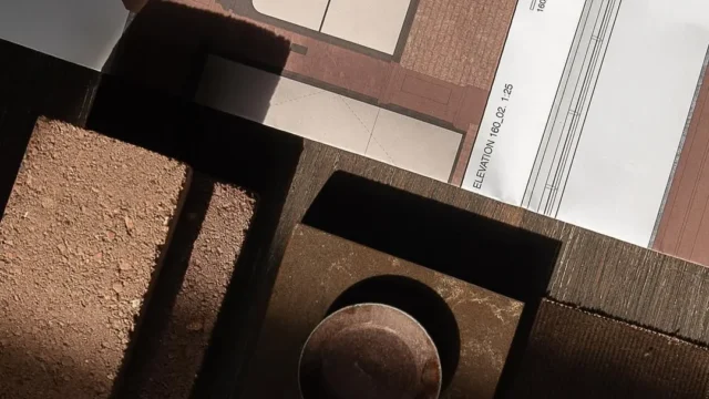 Exterior masonry facade built with Kenoteq K-Briq, an unfired brick made from 90 percent recycled construction waste.
