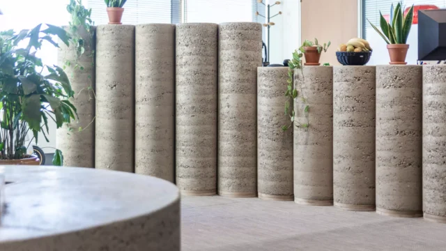 Léém collection by BC Materials featuring unbaked compressed earth blocks, rammed earth walls, and breathable clay plasters made from excavated soil.