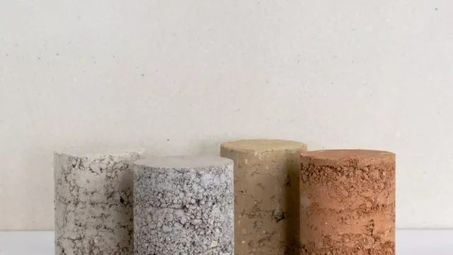 Léém collection by BC Materials featuring unbaked compressed earth blocks, rammed earth walls, and breathable clay plasters made from excavated soil.