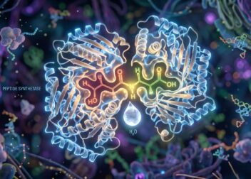 Microscopic 3D visualization of enzymatic dehydration synthesis releasing a water droplet.