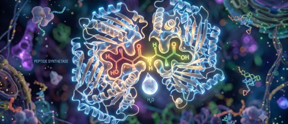 Microscopic 3D visualization of enzymatic dehydration synthesis releasing a water droplet.