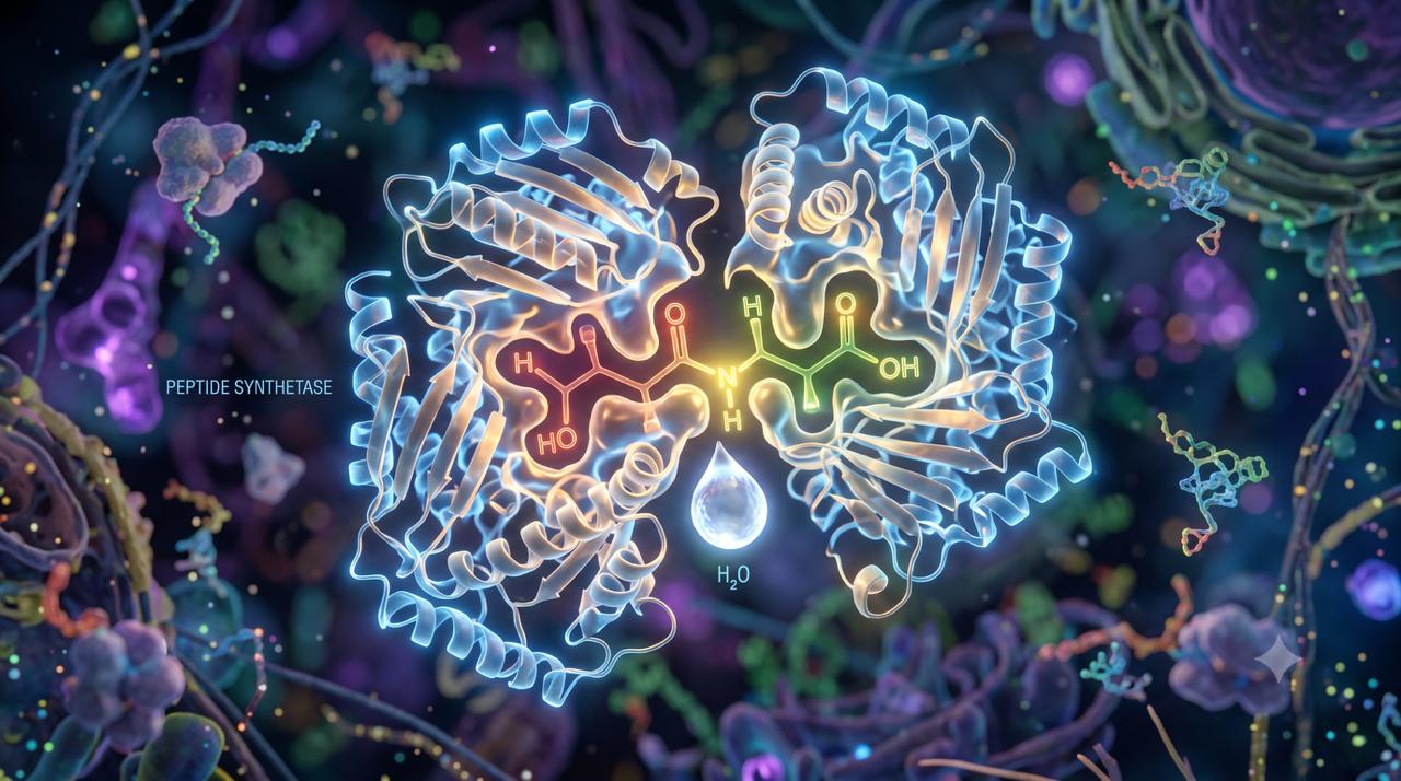 Microscopic 3D visualization of enzymatic dehydration synthesis releasing a water droplet.
