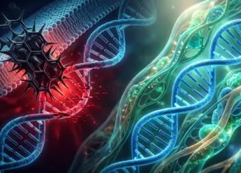 Microscopic 3D visualization showing a dark petrochemical aromatic ring breaching a lipid bilayer and causing DNA intercalation and mutation, contrasted with a healthy biological cell structure.