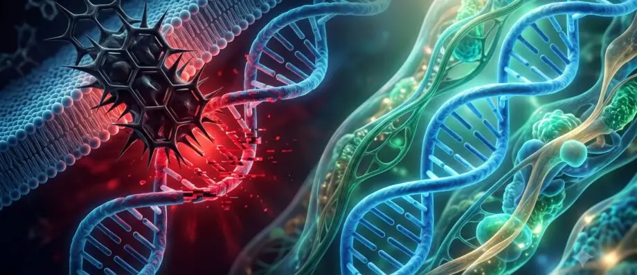 Microscopic 3D visualization showing a dark petrochemical aromatic ring breaching a lipid bilayer and causing DNA intercalation and mutation, contrasted with a healthy biological cell structure.