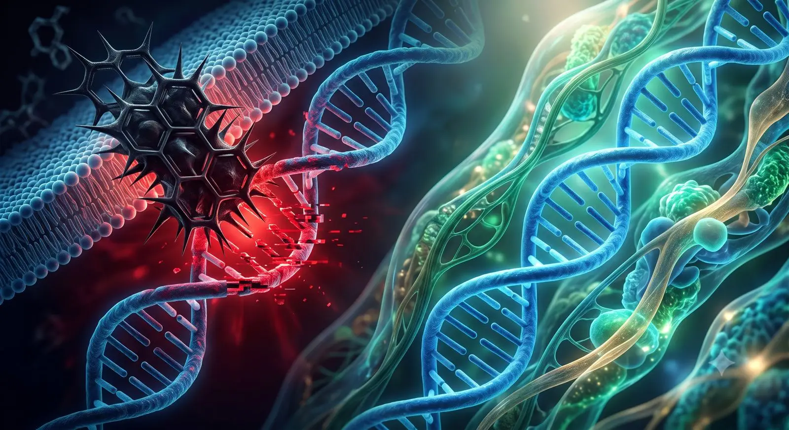 Microscopic 3D visualization showing a dark petrochemical aromatic ring breaching a lipid bilayer and causing DNA intercalation and mutation, contrasted with a healthy biological cell structure.