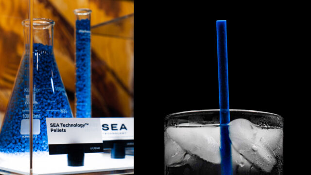 Seaweed-derived biopolymer pellets and finished straws manufactured by Loliware, designed for drop-in compatibility with standard plastic extrusion machines.
